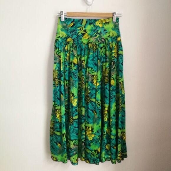 Vintage SLIX English Tropical Green Leaves Stretchy Midi Skirt Size Medium - Picture 11 of 11